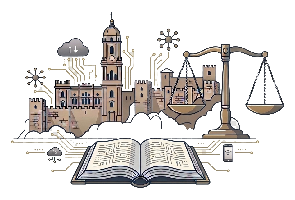 Ilustración de la justicia con la silueta de monumentos de Málaga